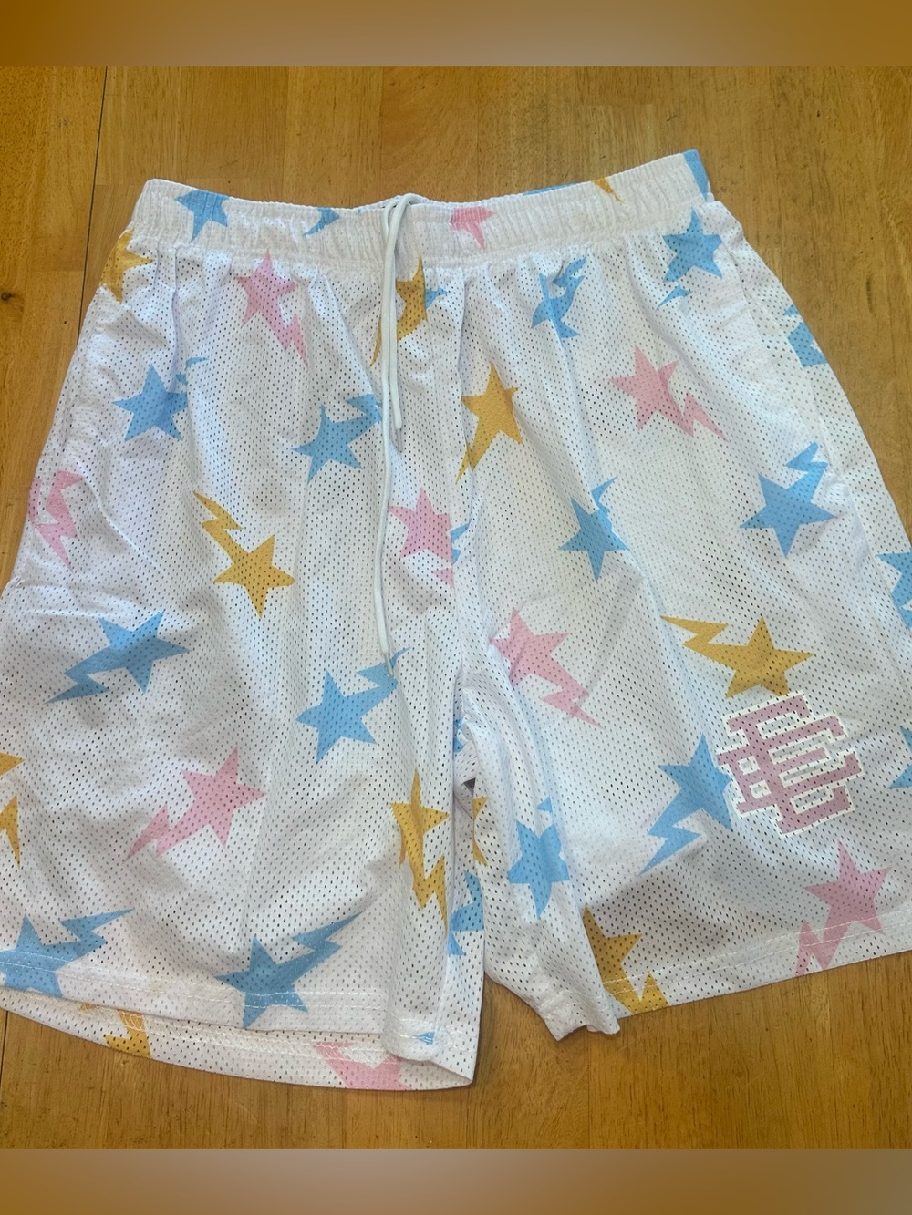 New York Designer Eric Emanuel White Mesh Shorts with Blue, Pink & Gold Stars